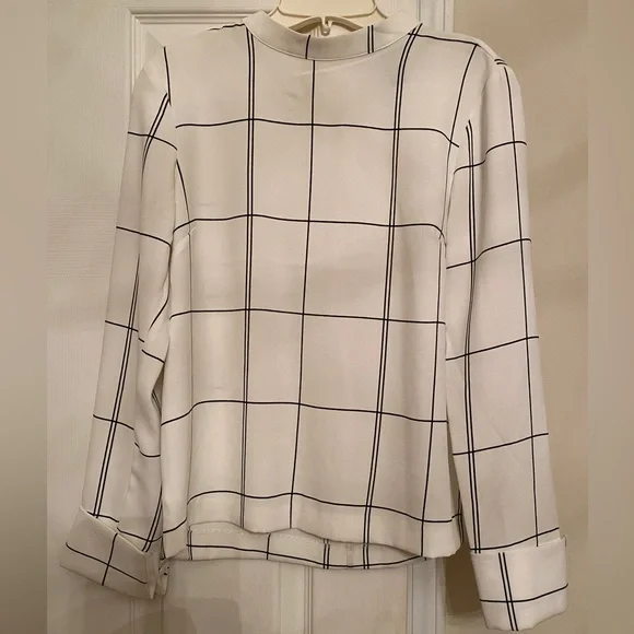 H&M White & Black Lined Plaid Blouse with Stand-up Collar - Picture 2 of 5
